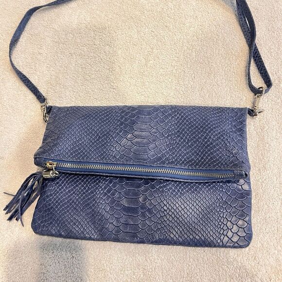 Vimoda Paris Blue Crossbody Purse Leather Woman S 10.5x7.25" Italy Foldover Chic - Picture 8 of 13